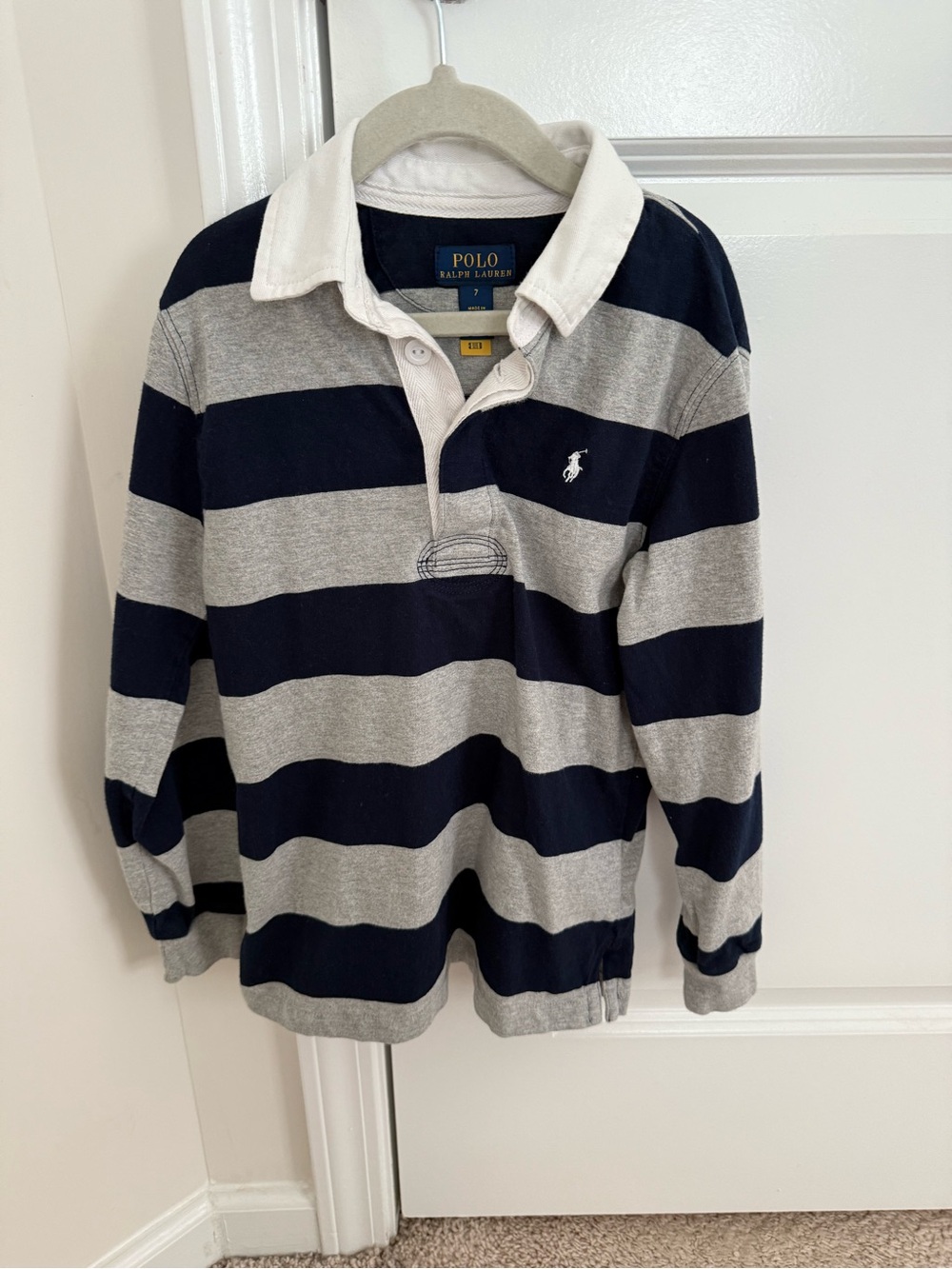 Polo by Ralph Lauren Navy & Gray Striped Rugby Polo. Boys size 7